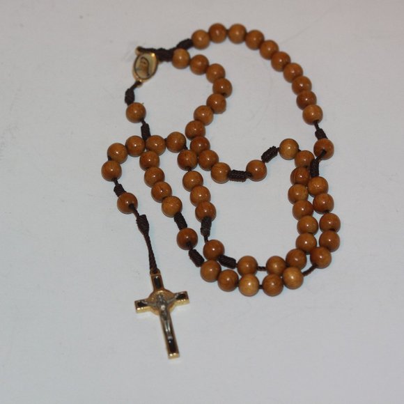 Vintage Rosary brown wood beads Crucifix Catholic Gold & Silver Tone Cross - Picture 1 of 4